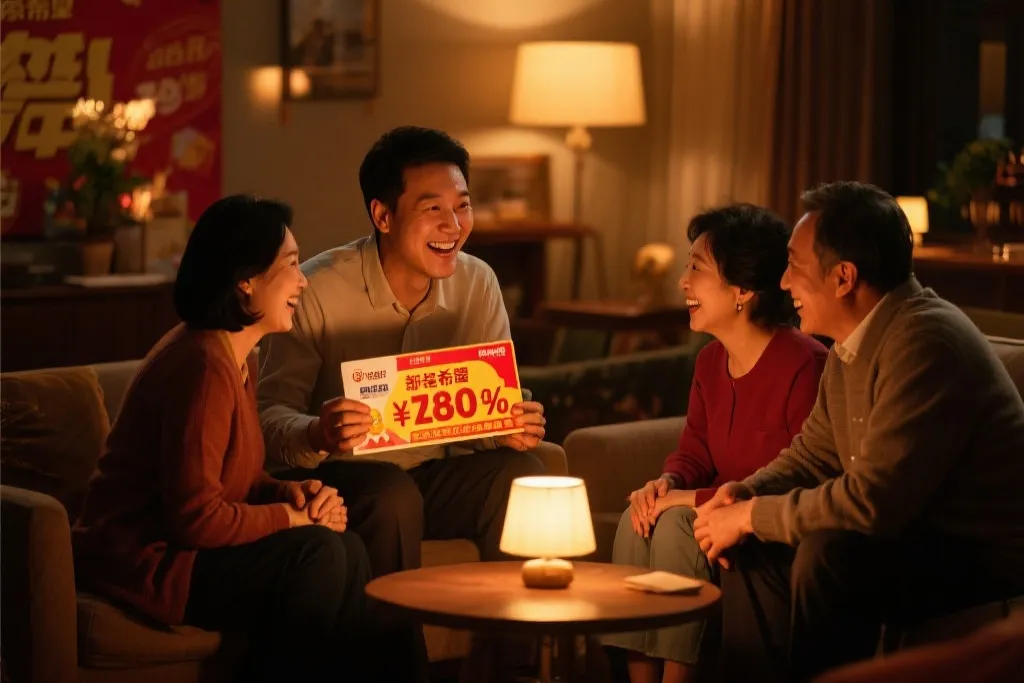 中奖者与家人微笑交流，温馨场面